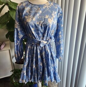 Wayf Altonia Blue Floral Print Swing Poplin Dress Size Large